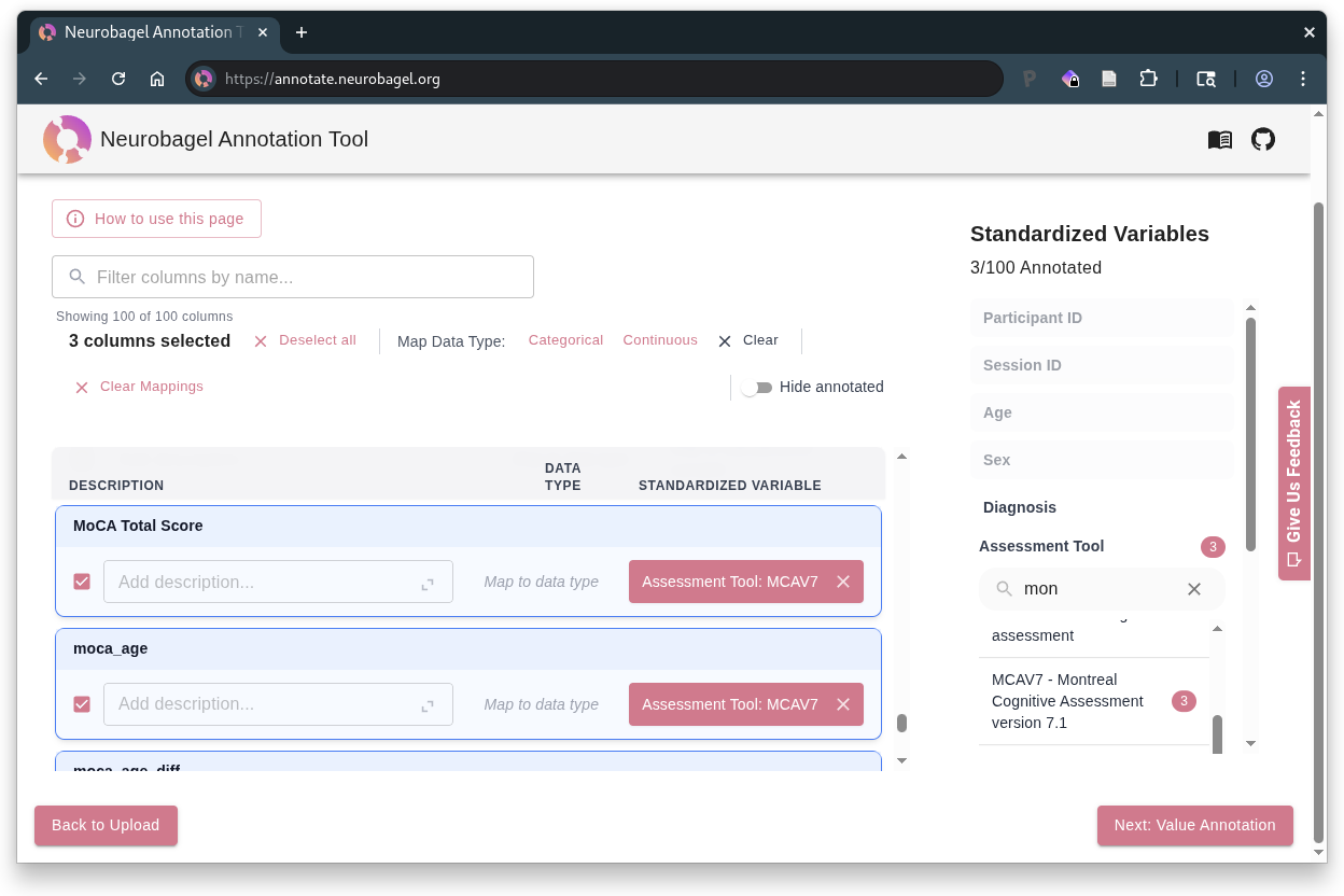 Annotation tool column annotation step screenshot - collection variables